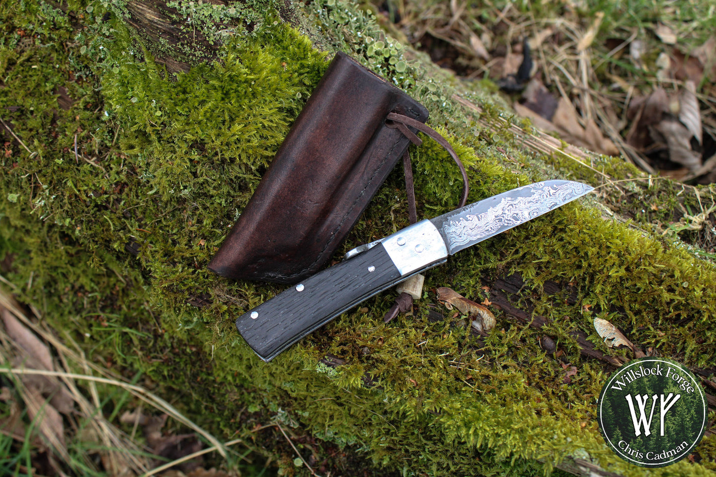 [RESERVED for J Saunders] Hand-forged Damascus Friction Folder / Pattern-welded blade with integral wrought iron bolsters & Ancient Bog Oak scales/ UK legal folding knife