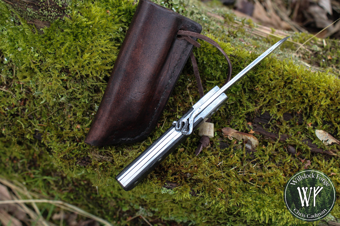 [RESERVED for J Saunders] Hand-forged Damascus Friction Folder / Pattern-welded blade with integral wrought iron bolsters & Ancient Bog Oak scales/ UK legal folding knife