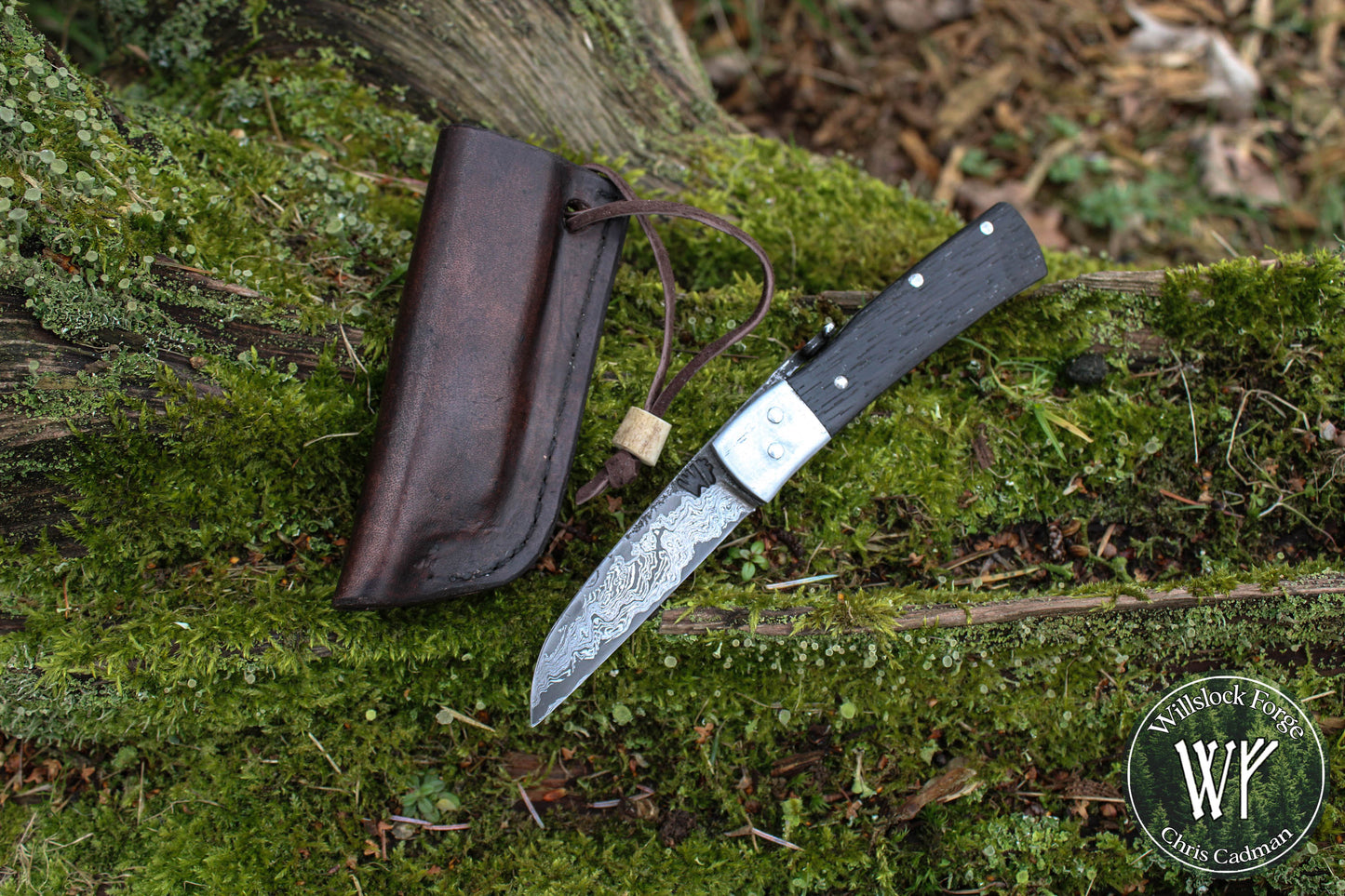 [RESERVED for J Saunders] Hand-forged Damascus Friction Folder / Pattern-welded blade with integral wrought iron bolsters & Ancient Bog Oak scales/ UK legal folding knife
