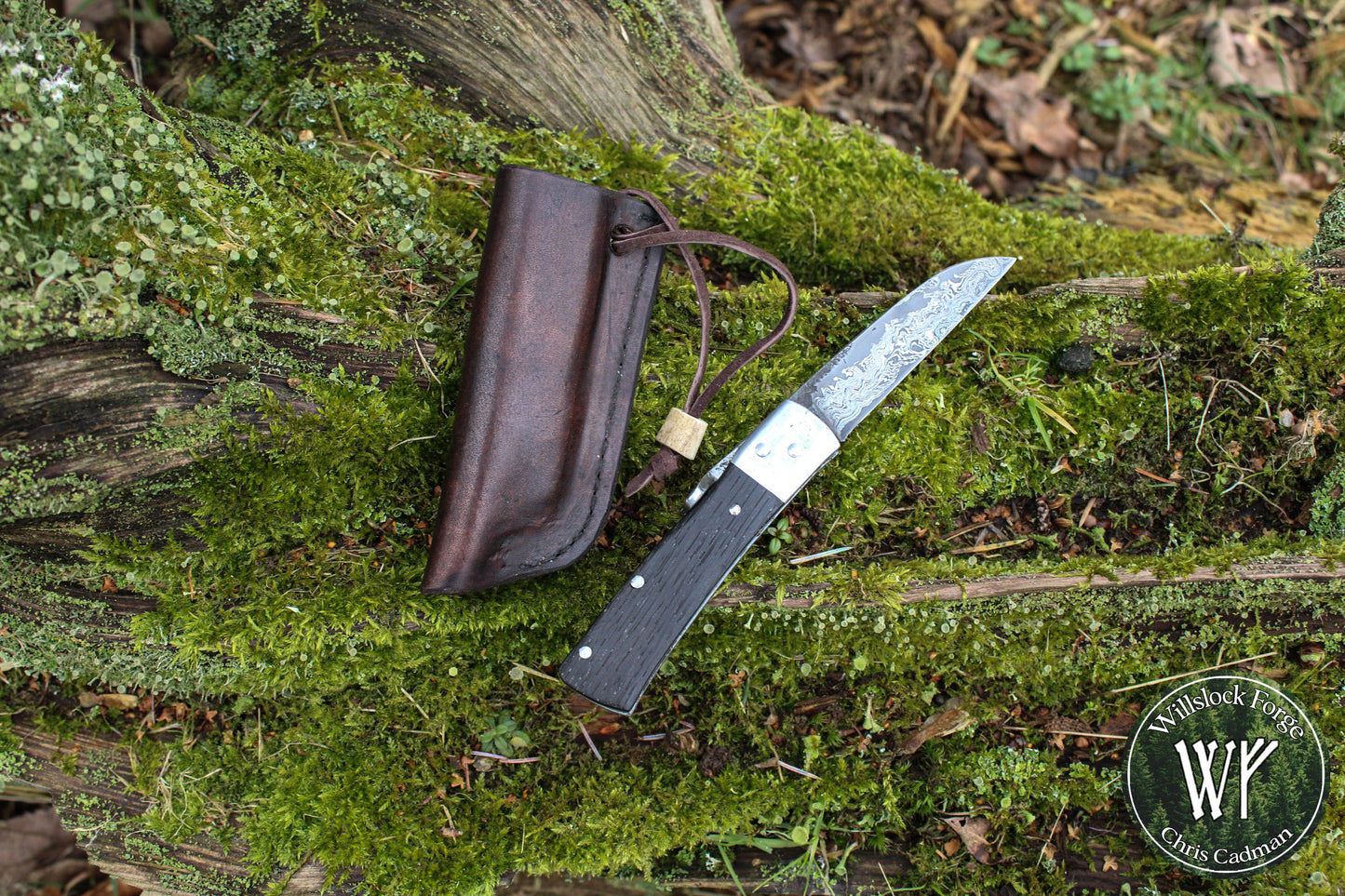 [RESERVED for J Saunders] Hand-forged Damascus Friction Folder / Pattern-welded blade with integral wrought iron bolsters & Ancient Bog Oak scales/ UK legal folding knife