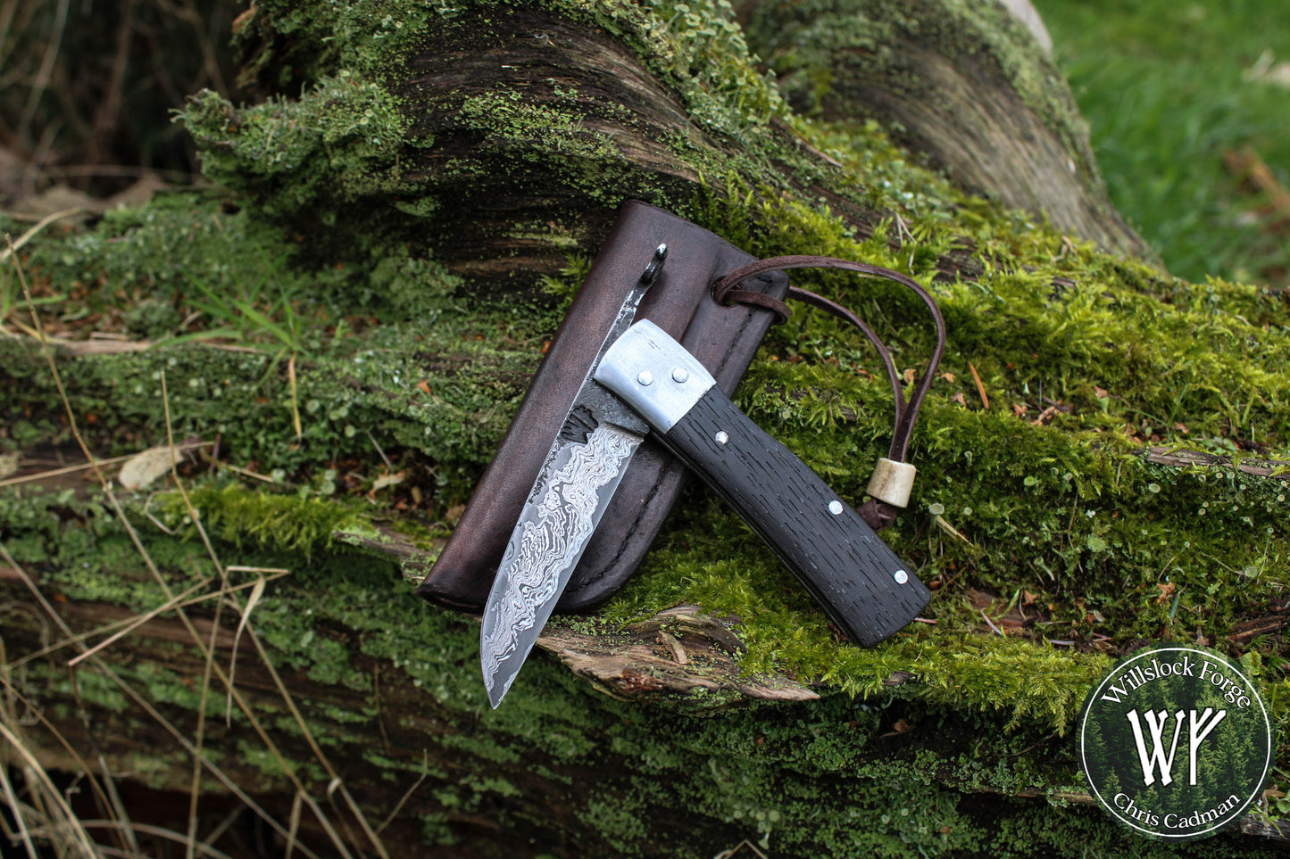 [RESERVED for J Saunders] Hand-forged Damascus Friction Folder / Pattern-welded blade with integral wrought iron bolsters & Ancient Bog Oak scales/ UK legal folding knife