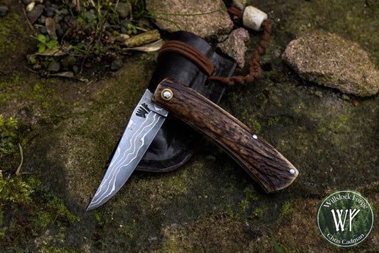 Hand-forged Folding Knife / Heavy duty slipjoint / IceStorm Damascus Blade & Stag Handle / Non-locking UK Legal Carry