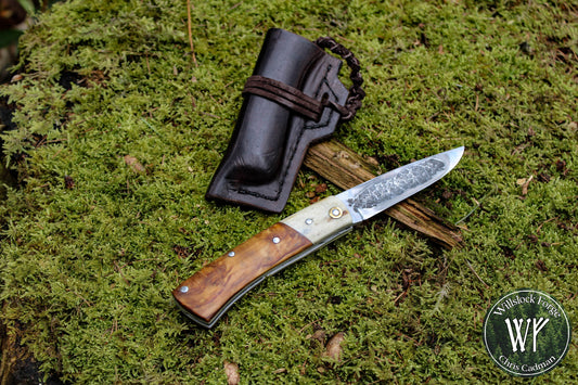Hand-forged Yakut Style Slipjoint / UK Legal Folding Knife / 1084 Carbon Steel Blade with Moose Antler & Stabilized Masur Birch handle