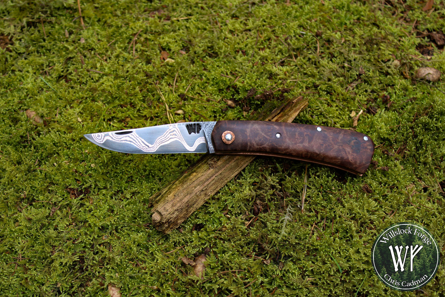 'DarkMai' Copper Damascus Slipjoint / Hand-forged folding knife with Copper Liners & Maple Burl Scales / UK Legal Pocket Knife