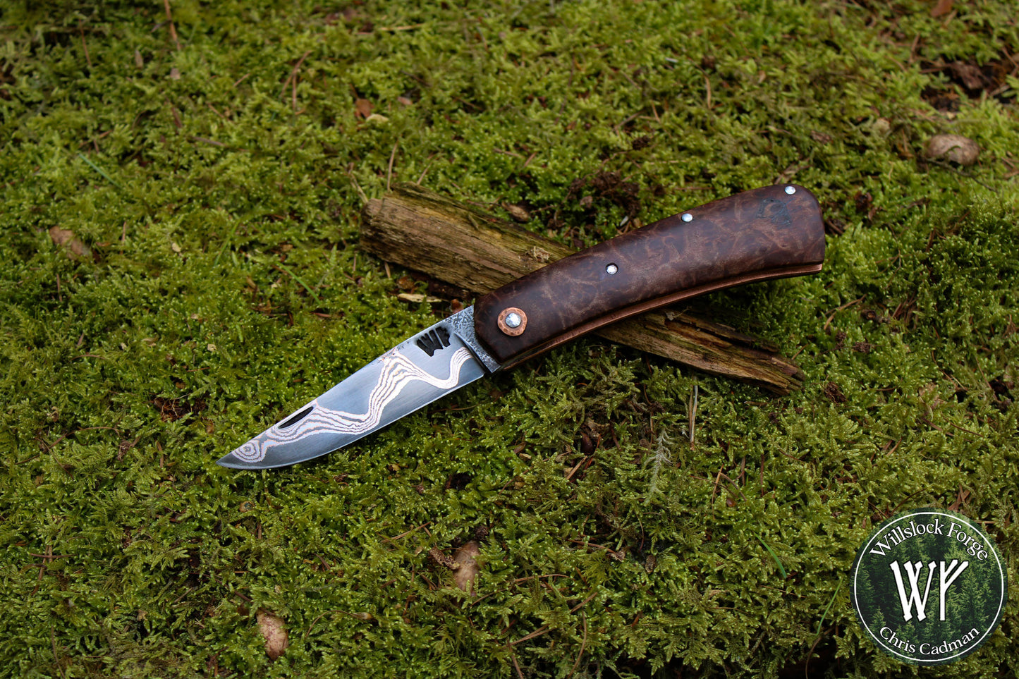 'DarkMai' Copper Damascus Slipjoint / Hand-forged folding knife with Copper Liners & Maple Burl Scales / UK Legal Pocket Knife