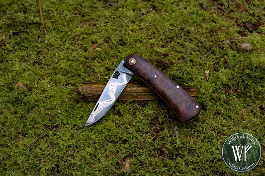 'DarkMai' Copper Damascus Slipjoint / Hand-forged folding knife with Copper Liners & Maple Burl Scales / UK Legal Pocket Knife