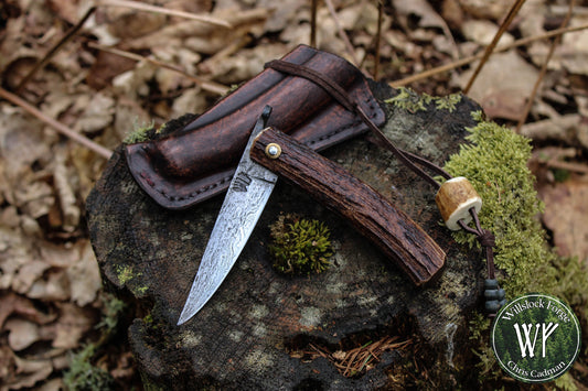 Hand forged Antler friction folder / Fire-welded wrought iron & damacus twist core / Scottish Red Deer Antler / UK Legal Pocket Knife