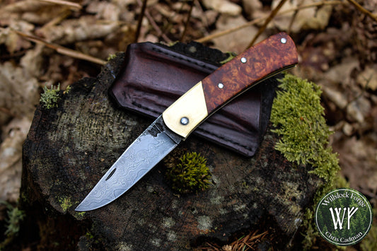 Hand-forged slipjoint folding knife / Raindrop Damascus Go-Mai Blade / Brass Liners & Bolsters / Amboyna Burl Scales