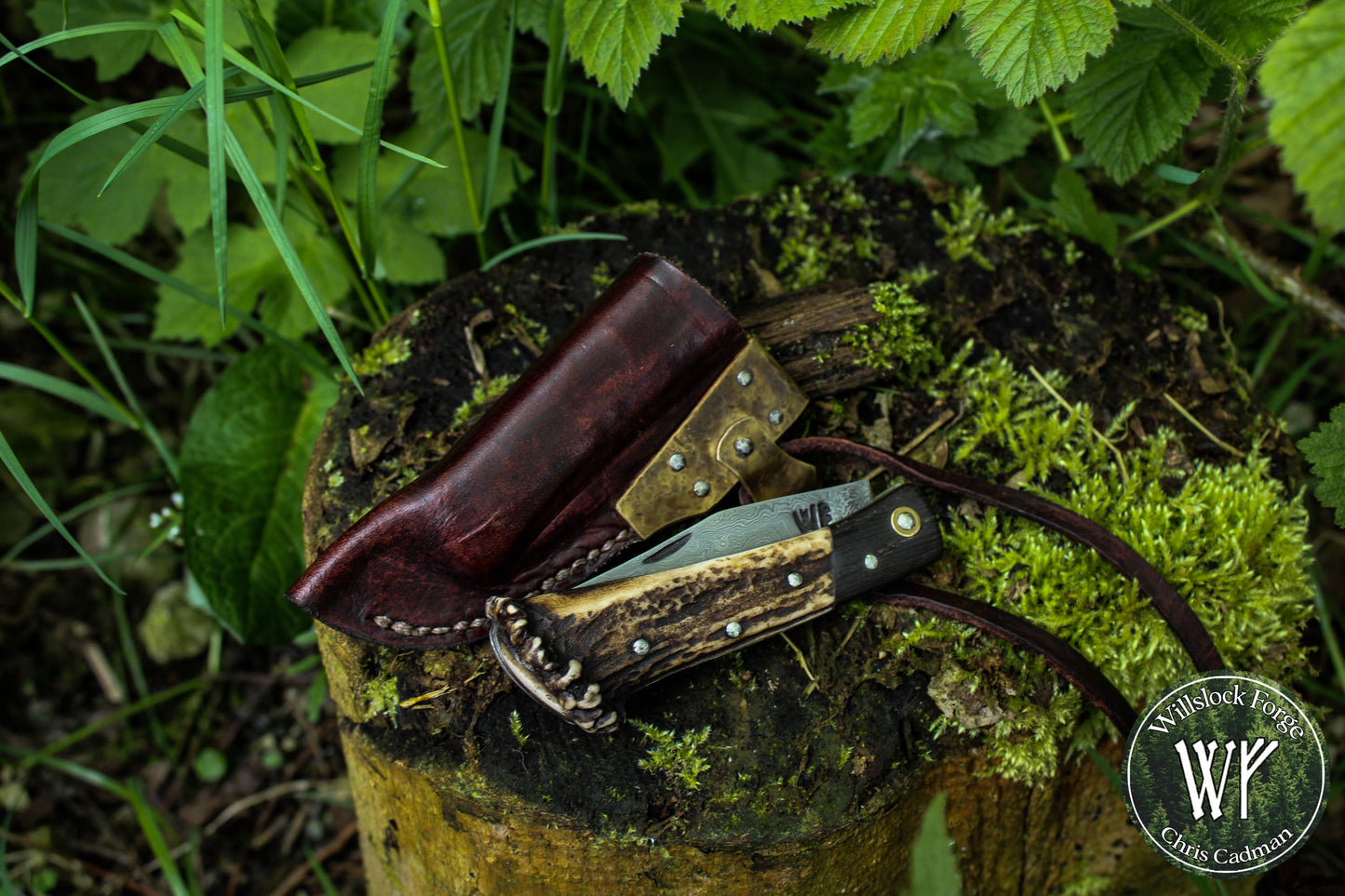 Hand-forged Damascus San Mai Slipjoint / UK Legal Folding Knife / Ancient Bog Oak & Stag Crown / Traditional Pocket Knife / UK Legal