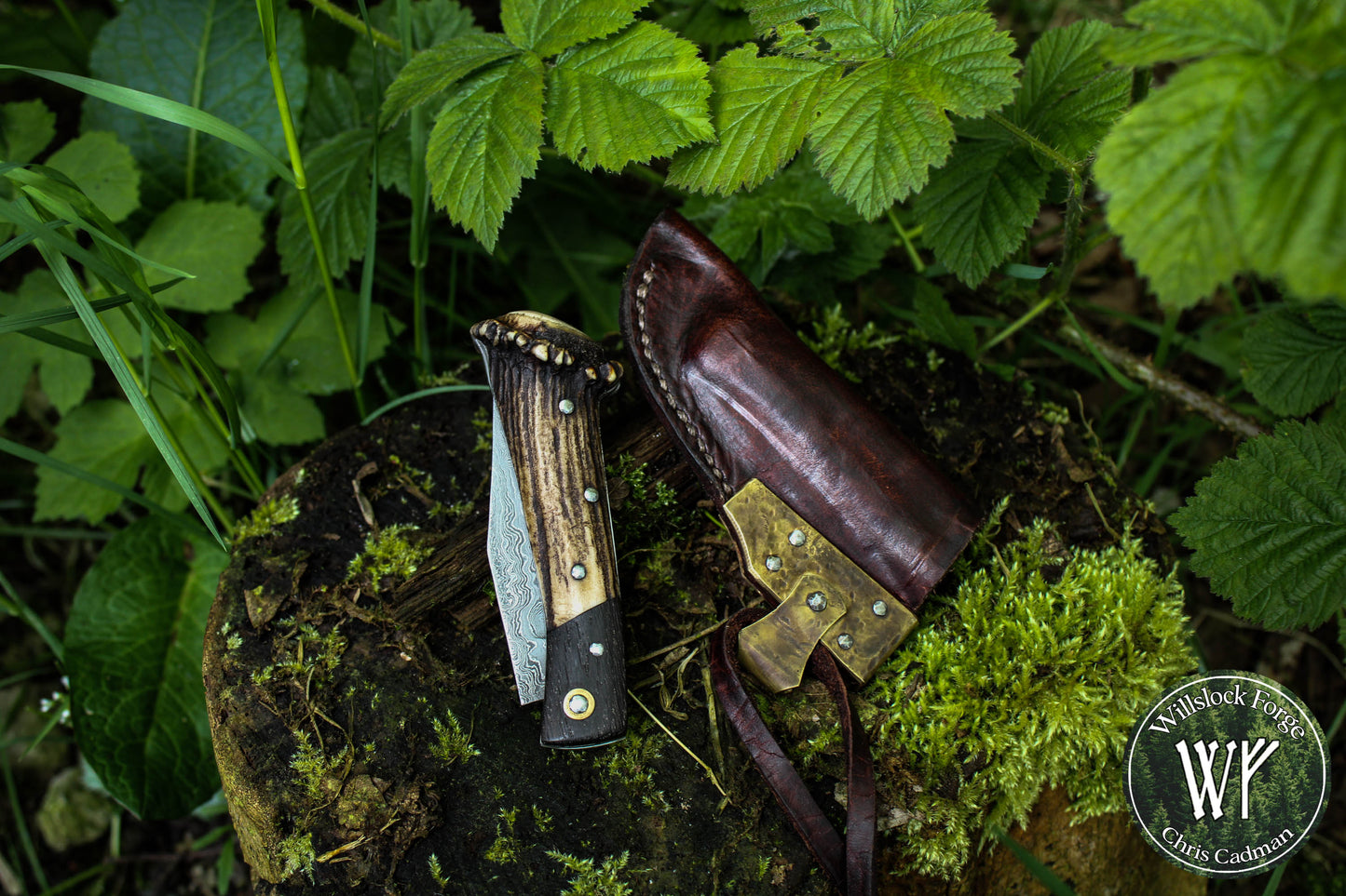 Hand-forged Damascus San Mai Slipjoint / UK Legal Folding Knife / Ancient Bog Oak & Stag Crown / Traditional Pocket Knife / UK Legal