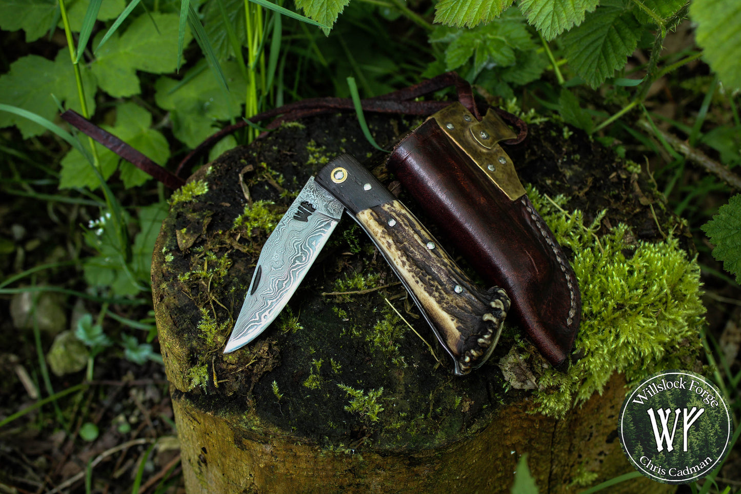 Hand-forged Damascus San Mai Slipjoint / UK Legal Folding Knife / Ancient Bog Oak & Stag Crown / Traditional Pocket Knife / UK Legal