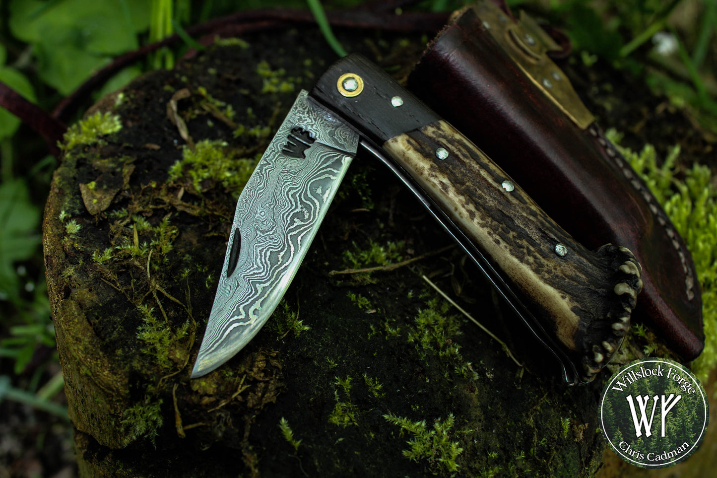 Hand-forged Damascus San Mai Slipjoint / UK Legal Folding Knife / Ancient Bog Oak & Stag Crown / Traditional Pocket Knife / UK Legal