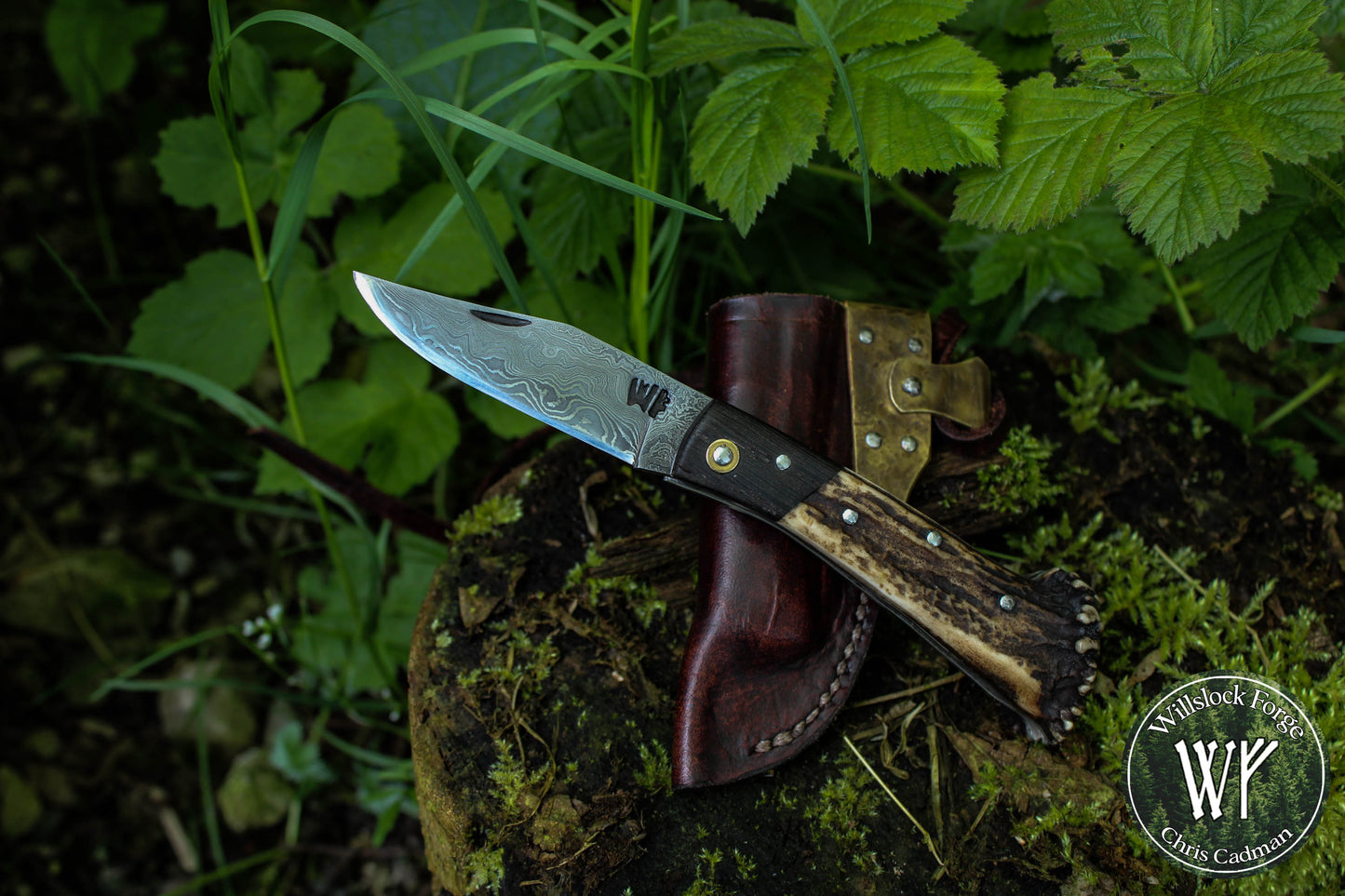 Hand-forged Damascus San Mai Slipjoint / UK Legal Folding Knife / Ancient Bog Oak & Stag Crown / Traditional Pocket Knife / UK Legal