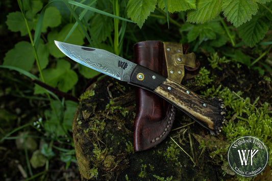 Hand-forged Damascus San Mai Slipjoint / UK Legal Folding Knife / Ancient Bog Oak & Stag Crown / Traditional Pocket Knife / UK Legal