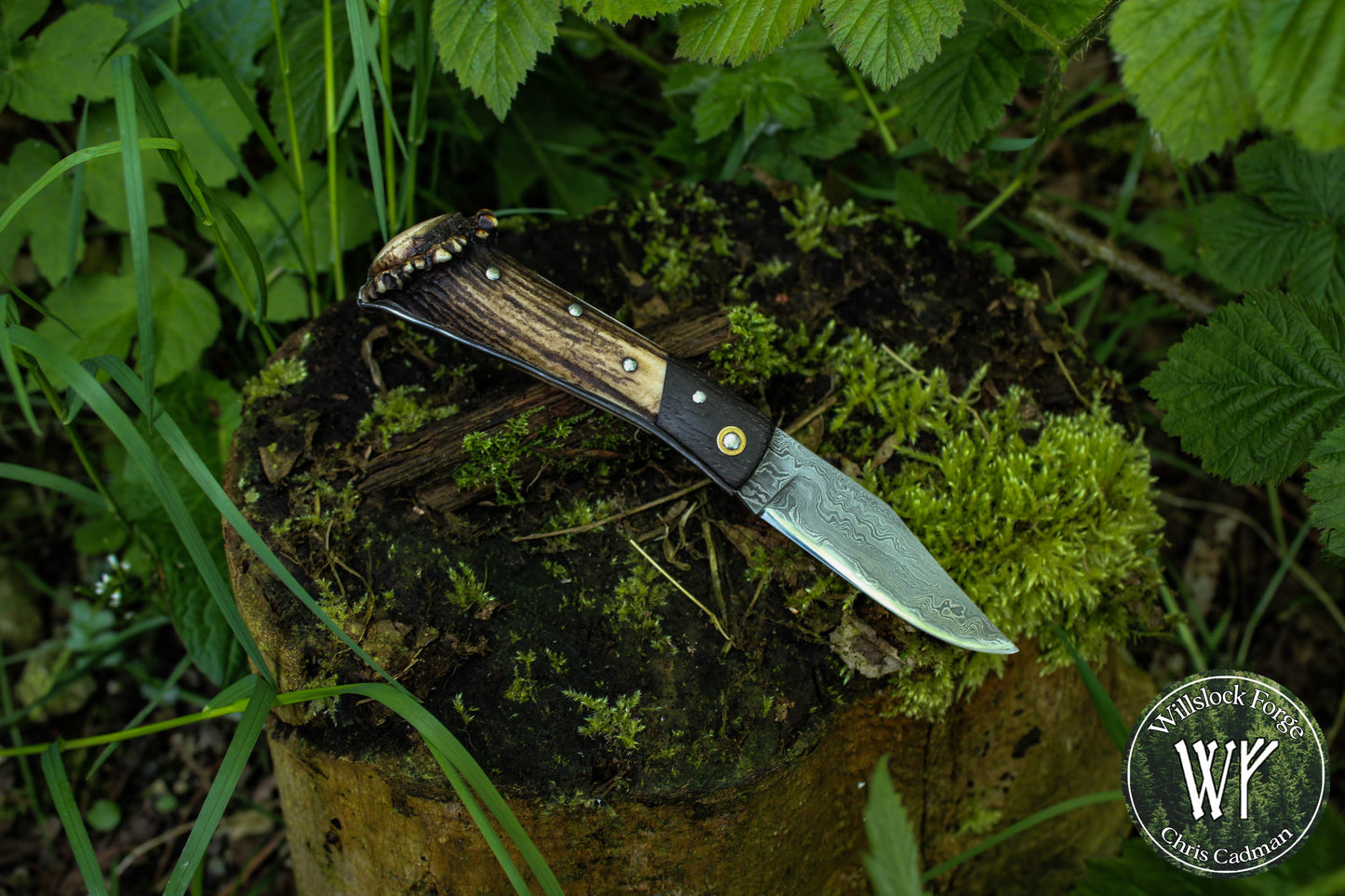 Hand-forged Damascus San Mai Slipjoint / UK Legal Folding Knife / Ancient Bog Oak & Stag Crown / Traditional Pocket Knife / UK Legal