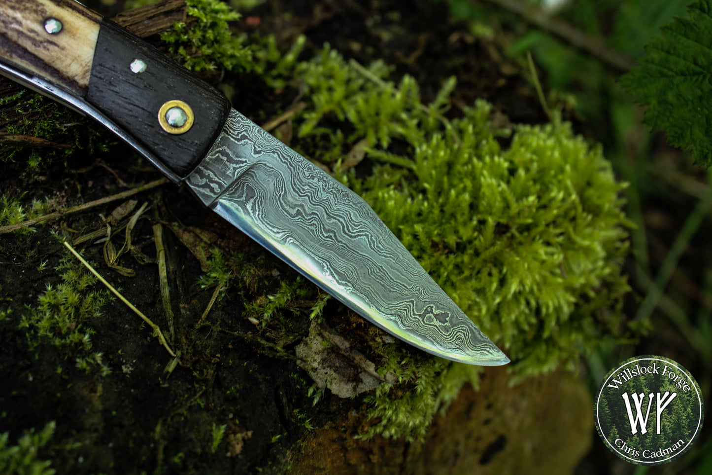 Hand-forged Damascus San Mai Slipjoint / UK Legal Folding Knife / Ancient Bog Oak & Stag Crown / Traditional Pocket Knife / UK Legal