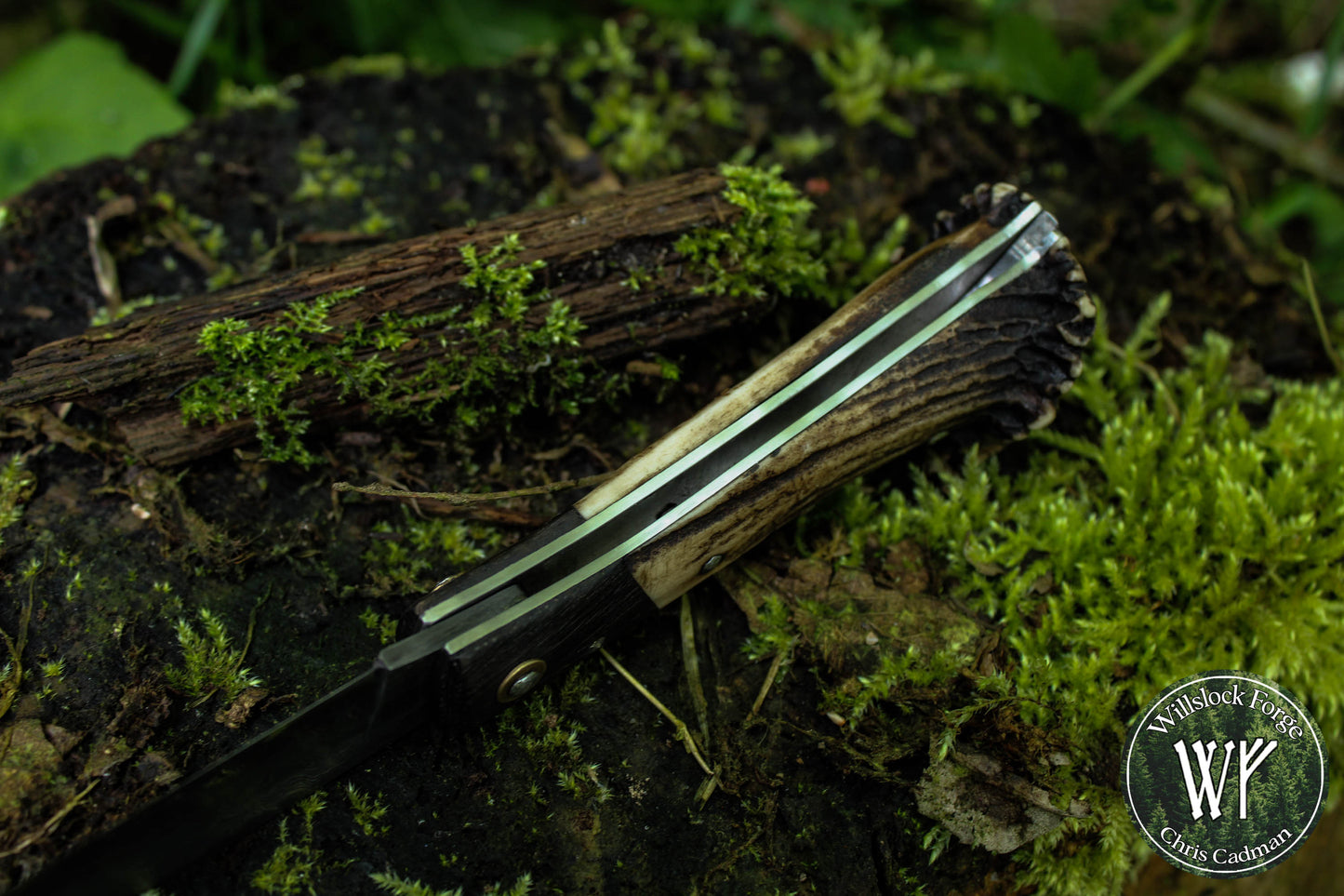 Hand-forged Damascus San Mai Slipjoint / UK Legal Folding Knife / Ancient Bog Oak & Stag Crown / Traditional Pocket Knife / UK Legal