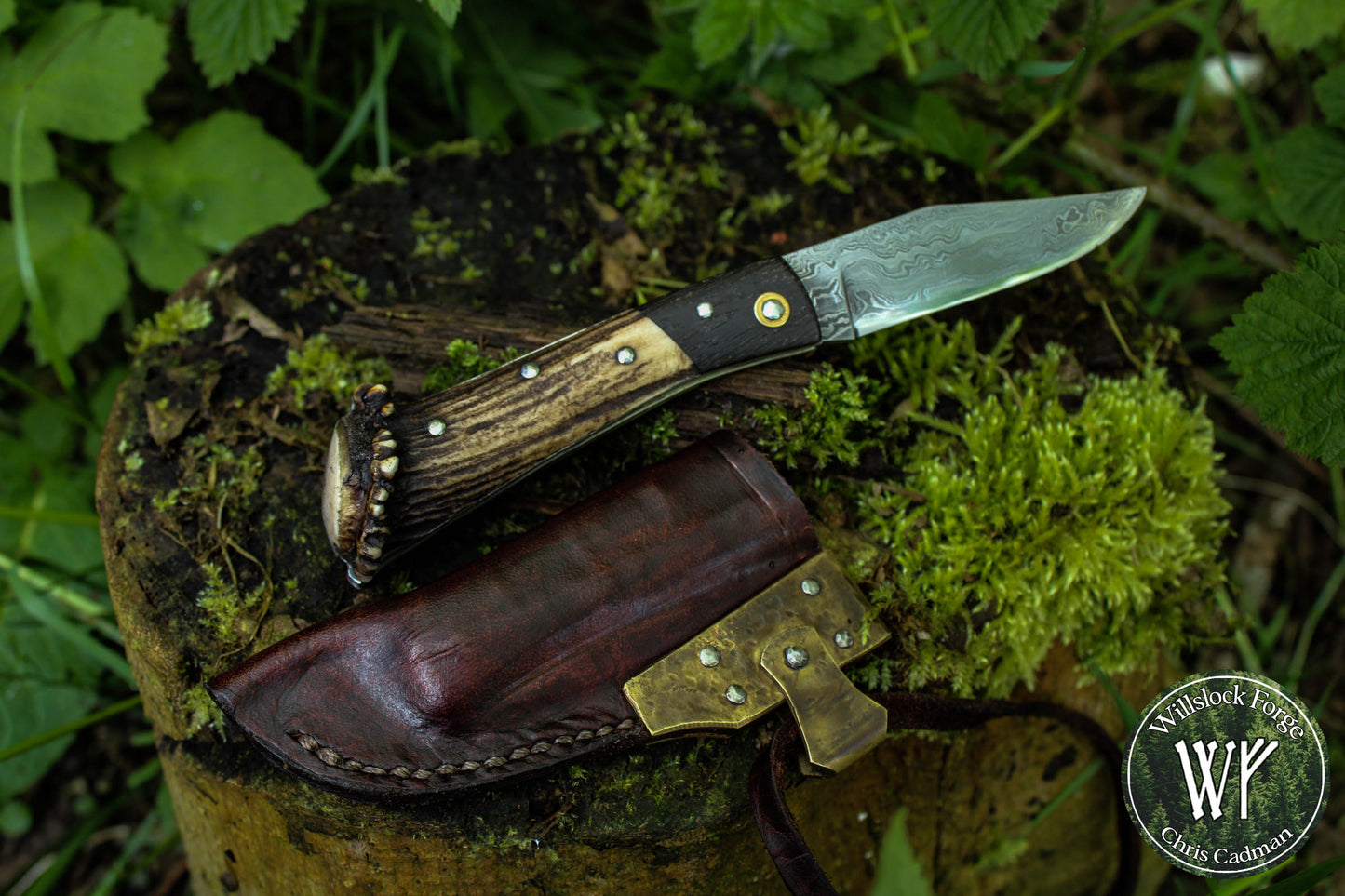 Hand-forged Damascus San Mai Slipjoint / UK Legal Folding Knife / Ancient Bog Oak & Stag Crown / Traditional Pocket Knife / UK Legal