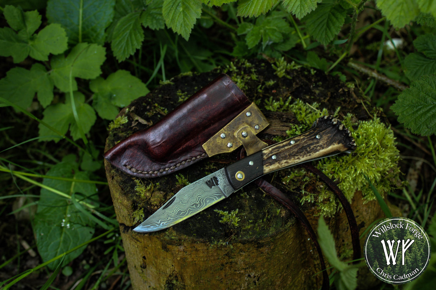 Hand-forged Damascus San Mai Slipjoint / UK Legal Folding Knife / Ancient Bog Oak & Stag Crown / Traditional Pocket Knife / UK Legal
