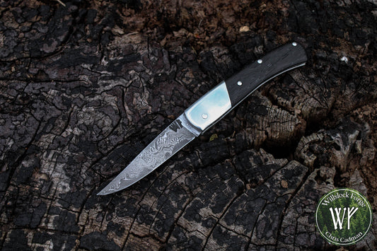 Hand-forged Pattern-welded Slipjoint / Damascus Go-Mai Blade with Ancient Bog Oak scales / UK Legal Carry