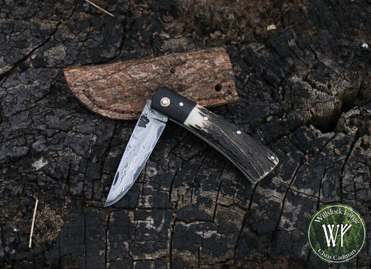 Hand-Forged San Mai Damascus Slipjoint with Bog Oak & Stag Antler Scales / UK Legal Carry