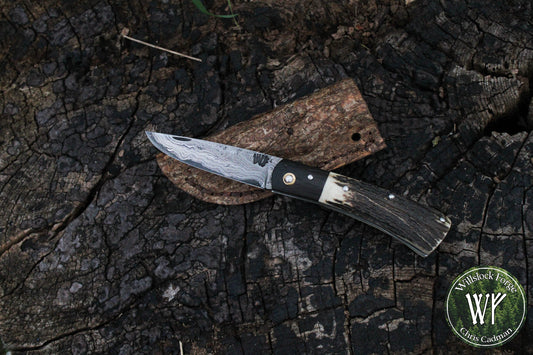 Hand-Forged San Mai Damascus Slipjoint with Bog Oak & Stag Antler Scales / UK Legal Carry