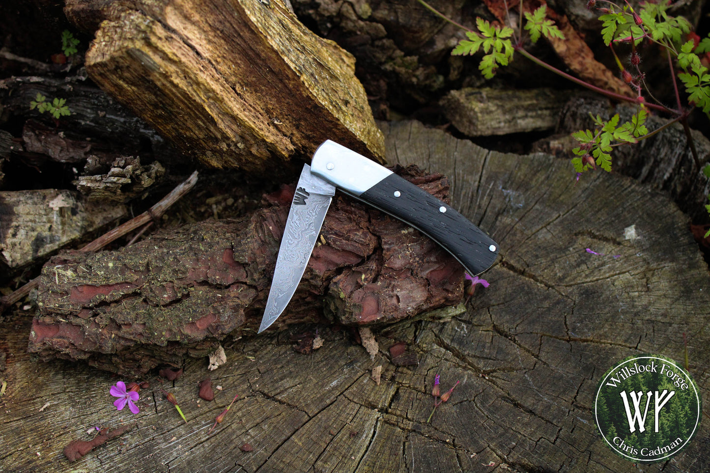 Hand-forged Pattern-welded Slipjoint / Damascus Go-Mai Blade with Ancient Bog Oak scales / UK Legal Carry