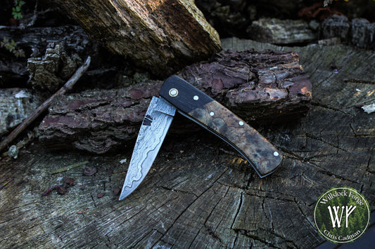 Hand-forged San-Mai slipjoint / 1084 & Antique Wrought Iron Blade with Bog Oak and Spalted Ash Scales