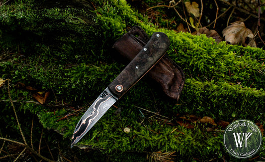 Hand-forged folding knife / Wharncliffe Slipjoint / Baker Forge & Tool Copper Damascus Blade / Copper Liners & Ash Burl Scales / UK Legal Pocket Knife