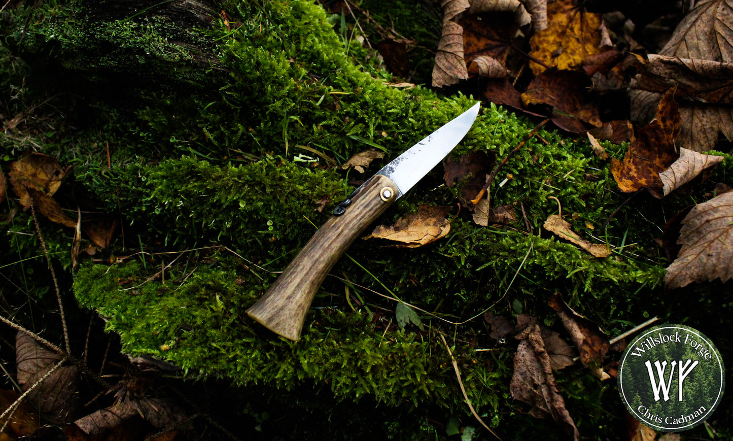 Hand-forged Friction Folder / Viking folding knife with antler handle / 1084 Carbon Steel blade / UK Legal Carry