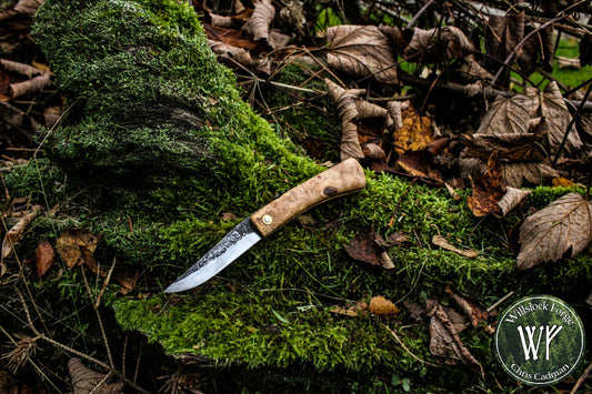 Hand-forged Viking style friction folder / Scandi grind Carbon Steel Blade / Ash Burl Handle