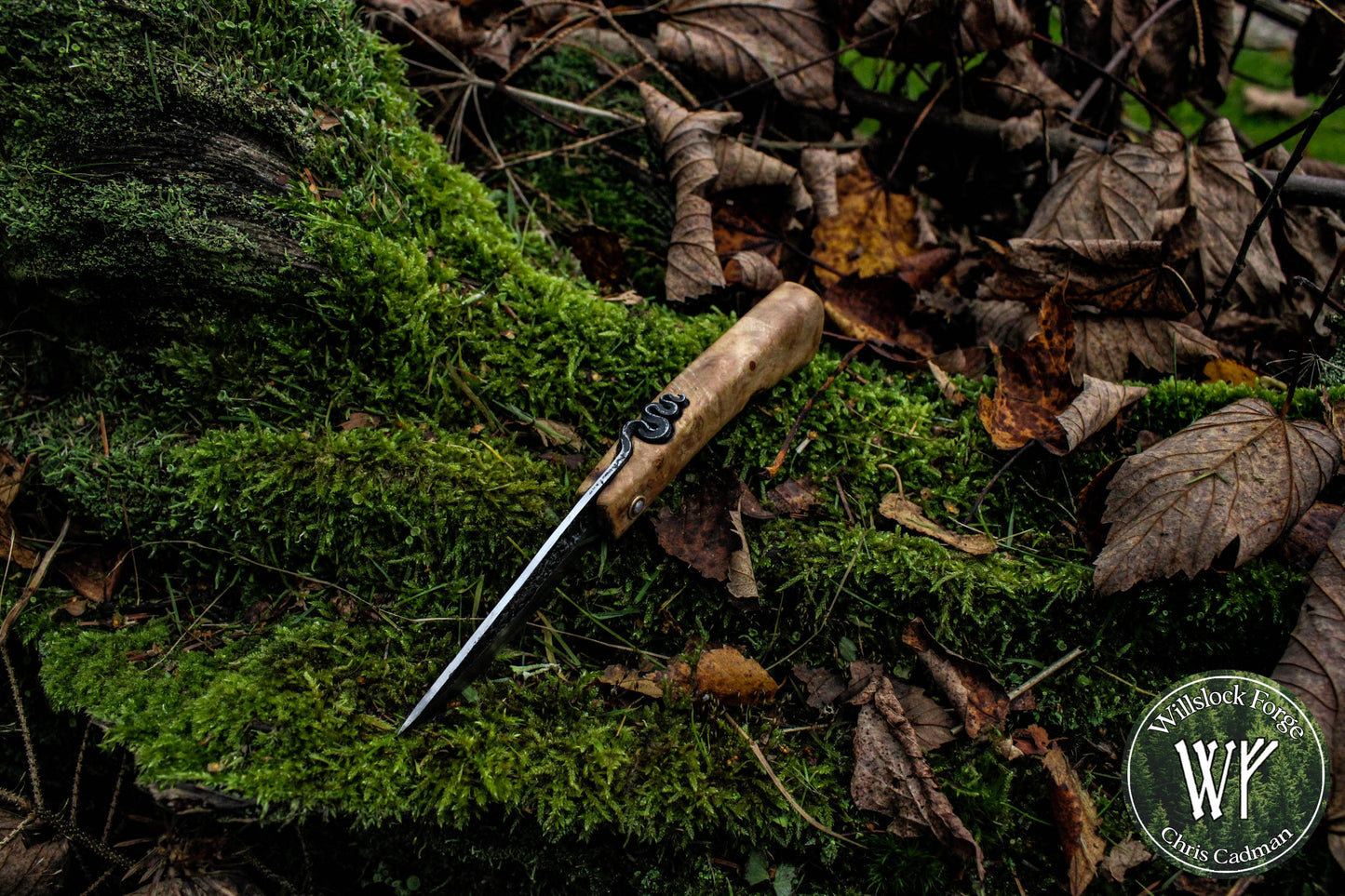 Hand-forged Viking style friction folder / Scandi grind Carbon Steel Blade / Ash Burl Handle