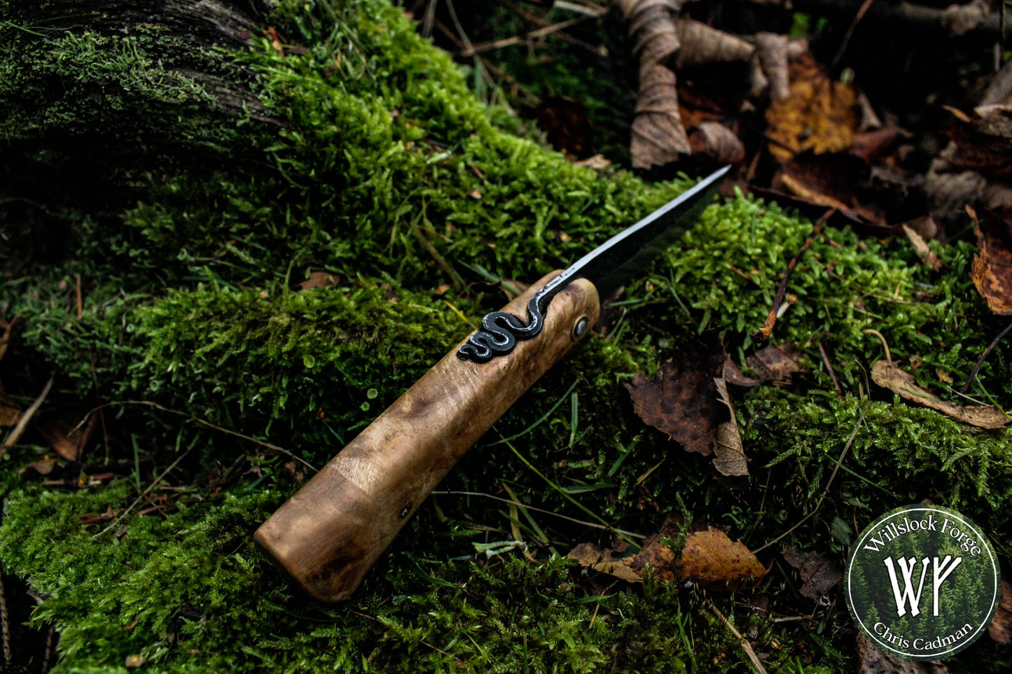 Hand-forged Viking style friction folder / Scandi grind Carbon Steel Blade / Ash Burl Handle