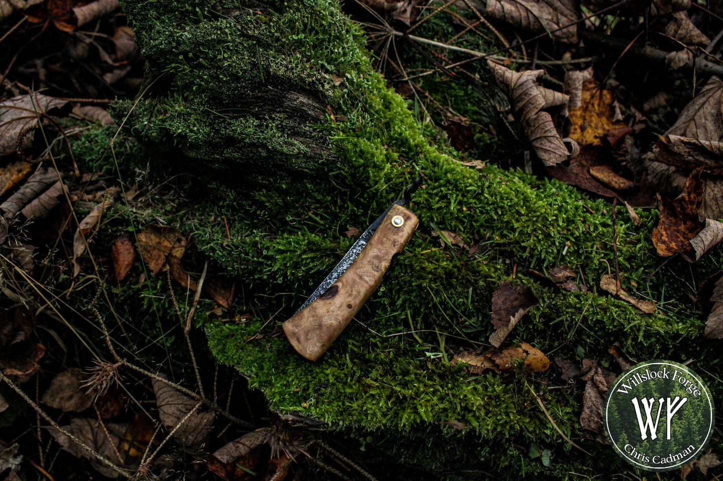 Hand-forged Viking style friction folder / Scandi grind Carbon Steel Blade / Ash Burl Handle