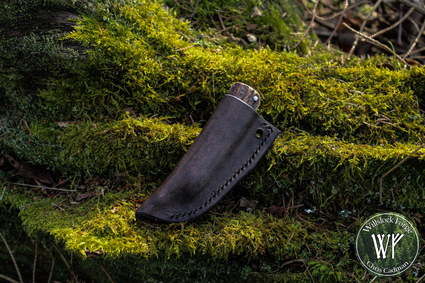 Primitive Mountain Man Friction Folder with antler handle and leather neck pouch