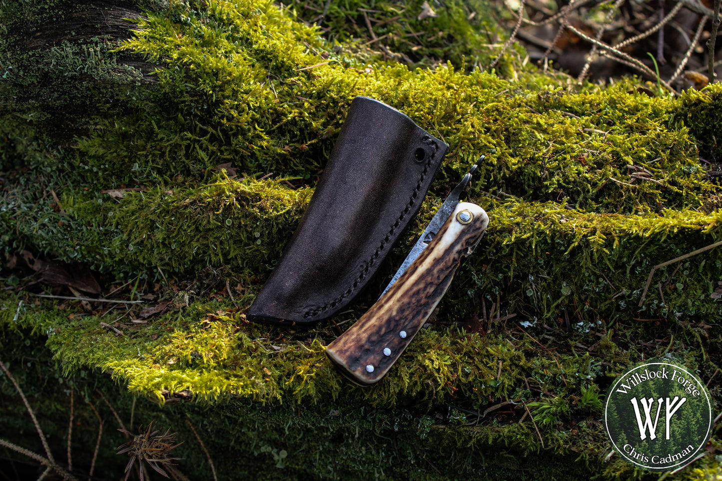 Primitive Mountain Man Friction Folder with antler handle and leather neck pouch