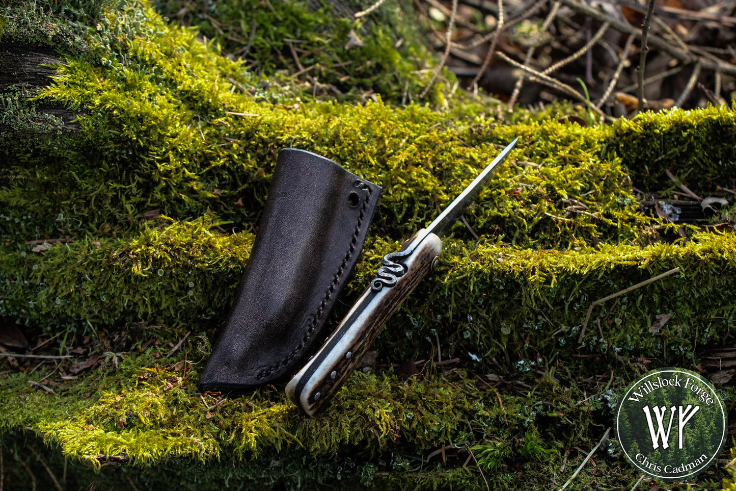 Primitive Mountain Man Friction Folder with antler handle and leather neck pouch