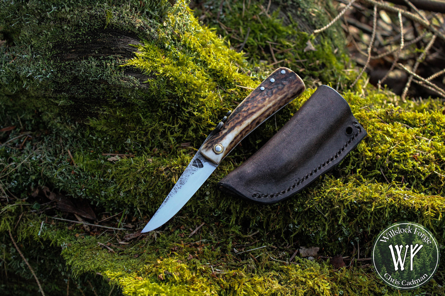 Primitive Mountain Man Friction Folder with antler handle and leather neck pouch