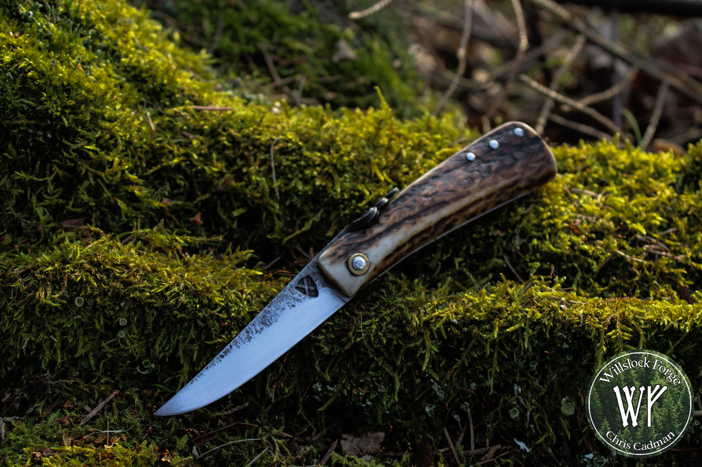 Primitive Mountain Man Friction Folder with antler handle and leather neck pouch