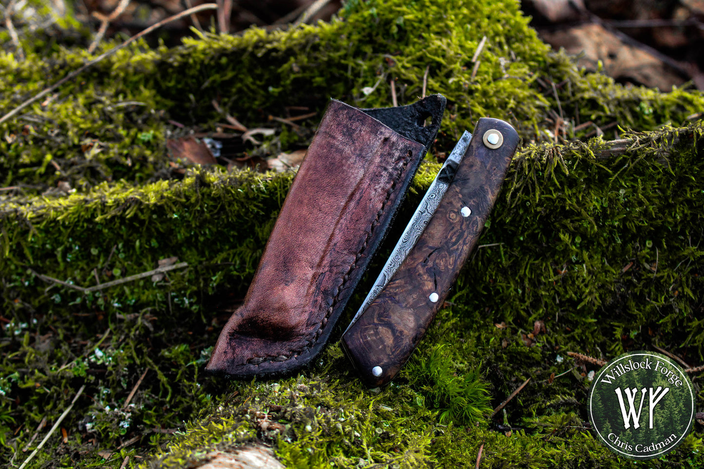 Hand-forged slipjoint folding knife / Raindrop Damascus Go-Mai Blade / Brass Liners & Bolsters / Amboyna Burl Scales