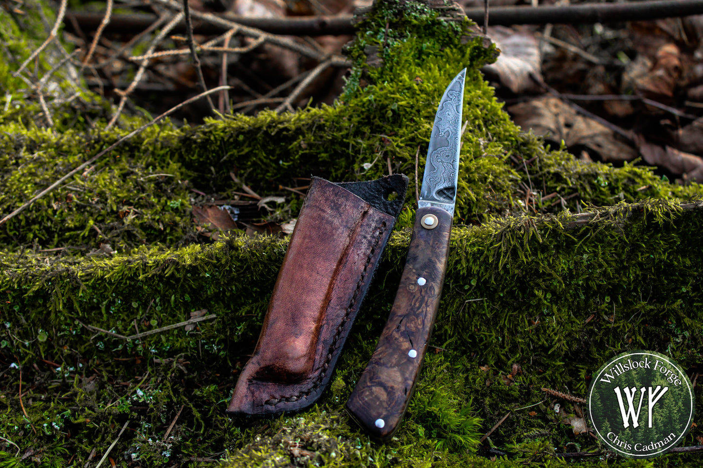 Hand-forged slipjoint folding knife / Raindrop Damascus Go-Mai Blade / Brass Liners & Bolsters / Amboyna Burl Scales