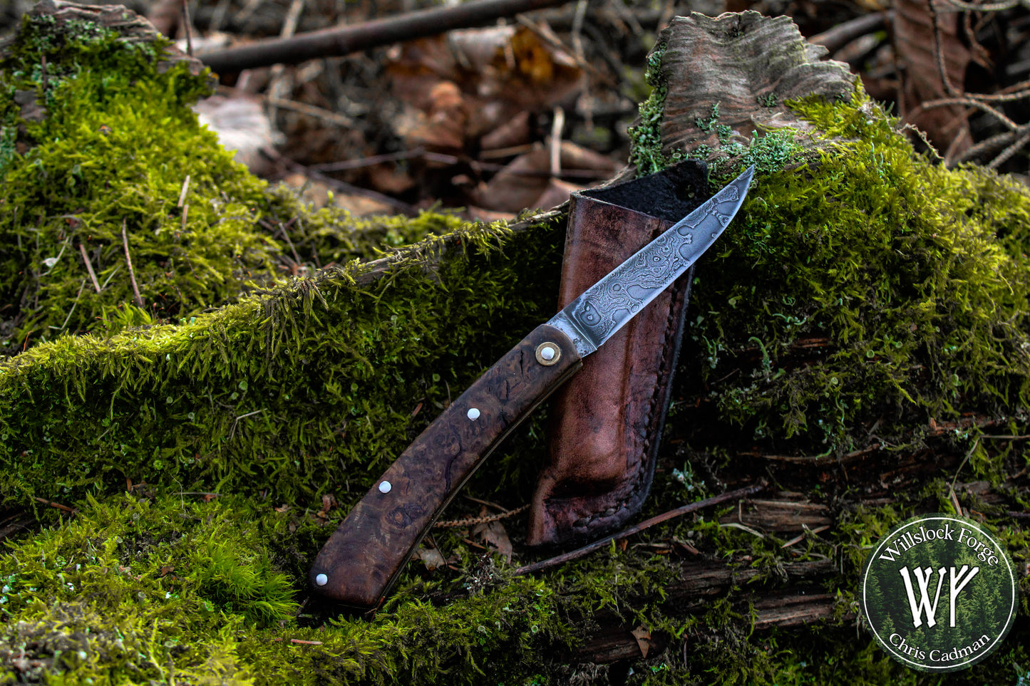 Hand-forged slipjoint folding knife / Raindrop Damascus Go-Mai Blade / Brass Liners & Bolsters / Amboyna Burl Scales