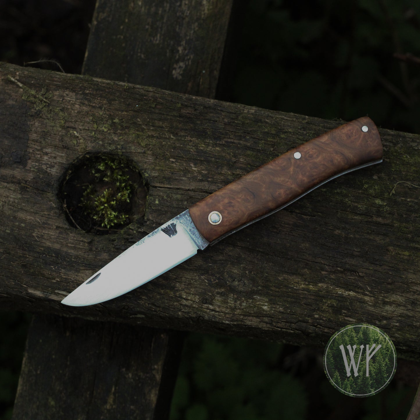 [RESERVED FOR TEWAZA1] Hand-forged slipjoint folding knife with Rib-fruited Mallee burl scales & leather sheath