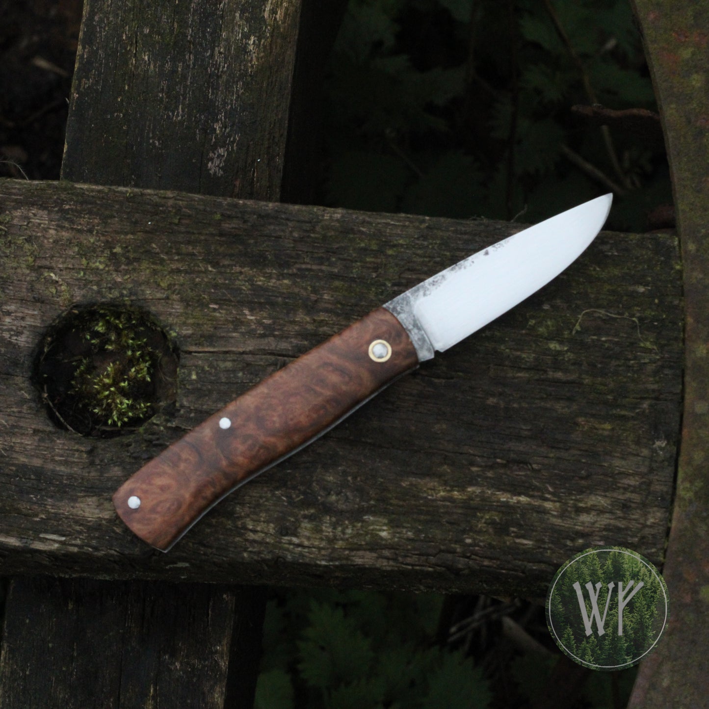 [RESERVED FOR TEWAZA1] Hand-forged slipjoint folding knife with Rib-fruited Mallee burl scales & leather sheath