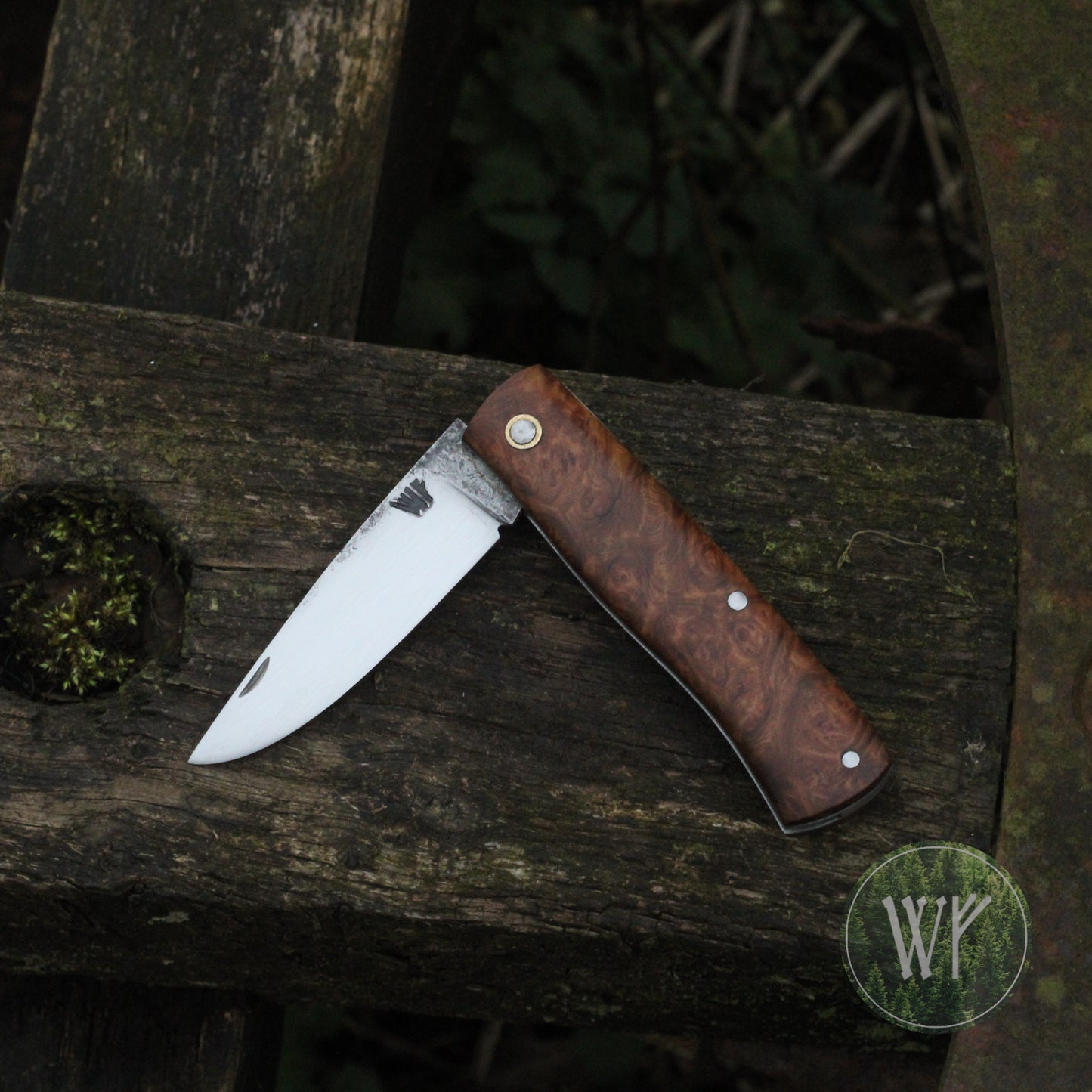 [RESERVED FOR TEWAZA1] Hand-forged slipjoint folding knife with Rib-fruited Mallee burl scales & leather sheath