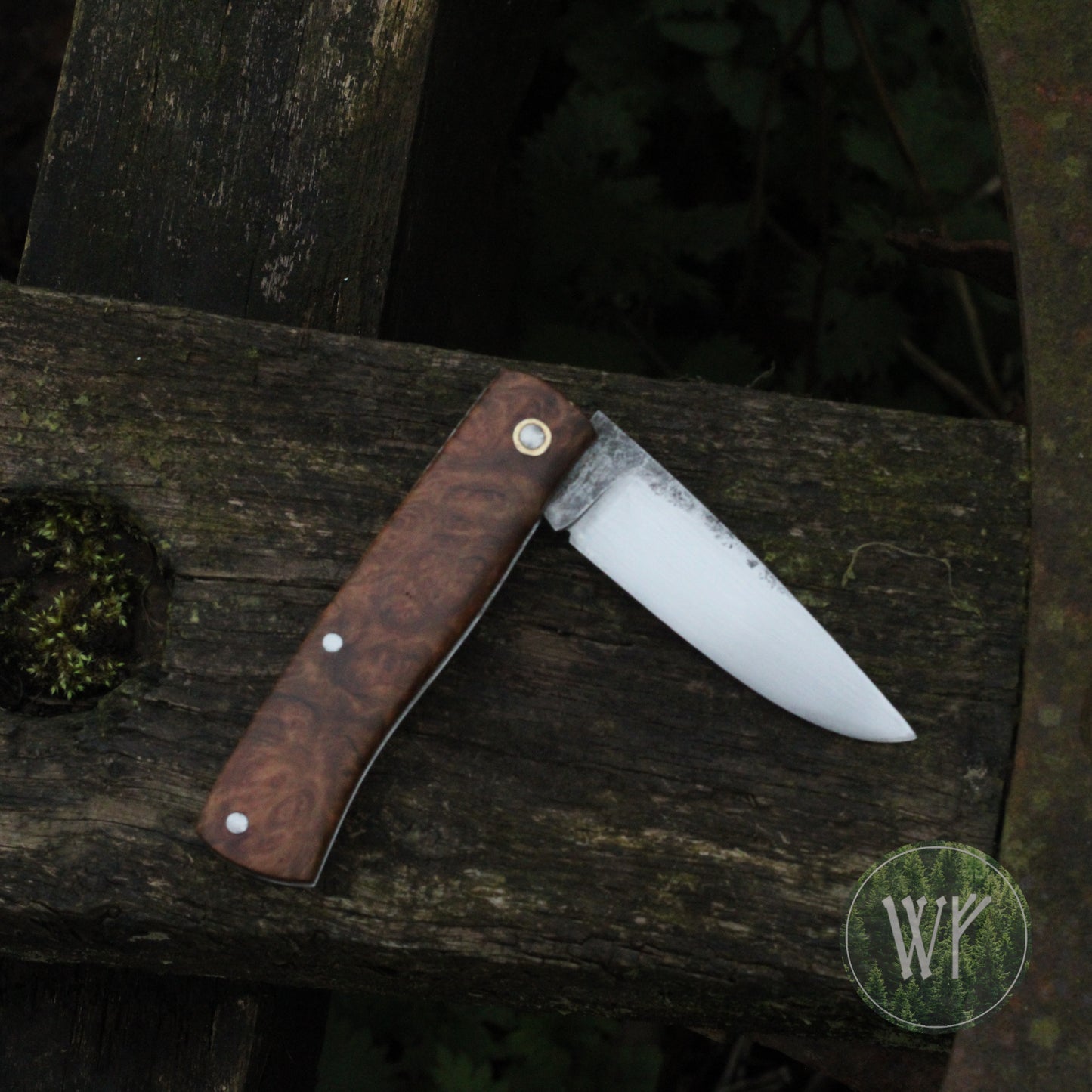 [RESERVED FOR TEWAZA1] Hand-forged slipjoint folding knife with Rib-fruited Mallee burl scales & leather sheath
