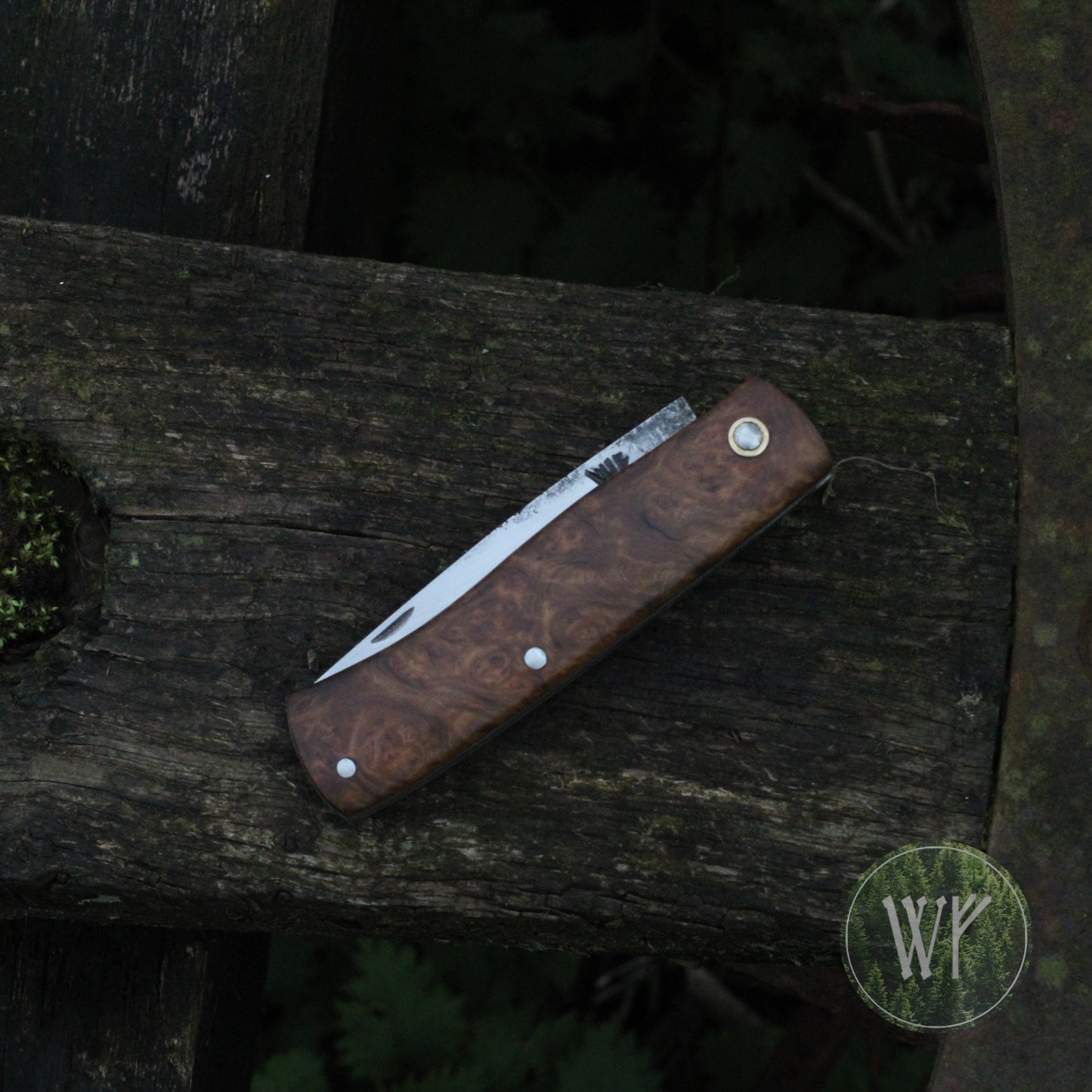 [RESERVED FOR TEWAZA1] Hand-forged slipjoint folding knife with Rib-fruited Mallee burl scales & leather sheath