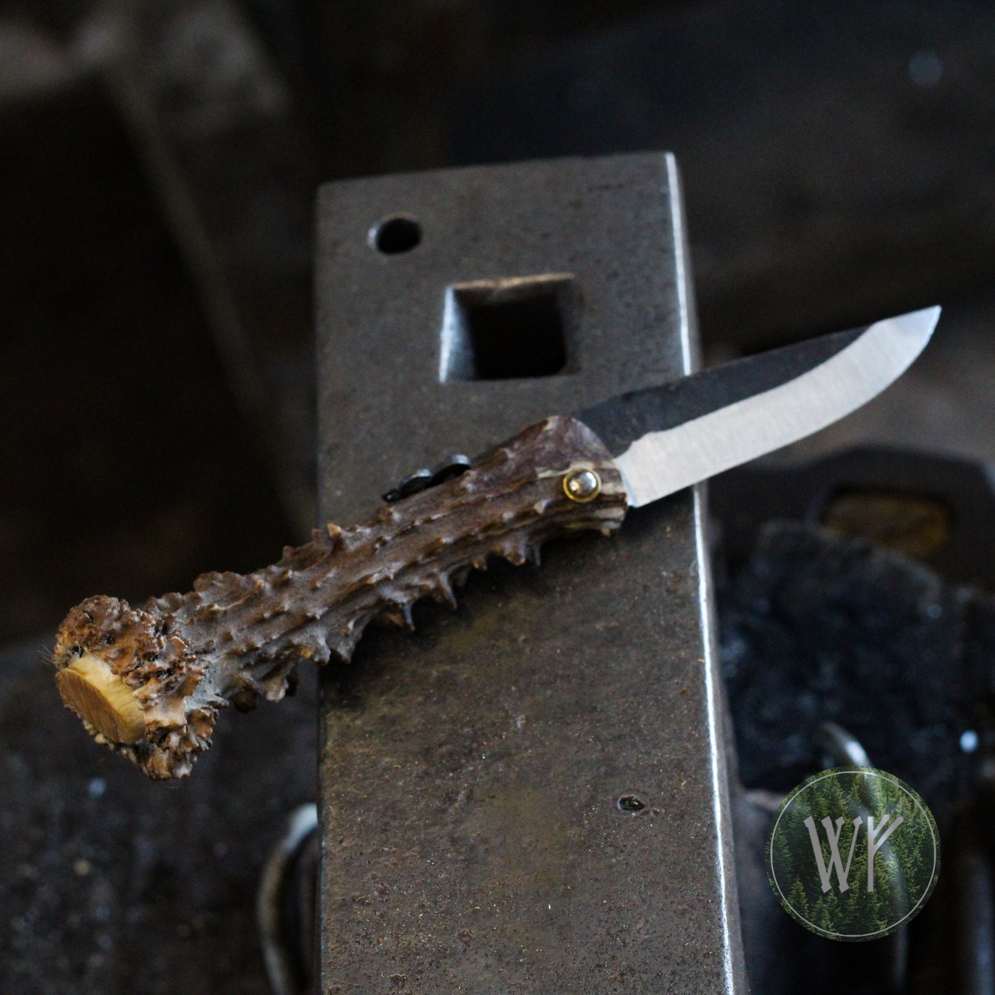 [RESERVED FOR PAUL] Hand-forged Viking friction folder / Scottish Roe Deer Antler Handle / Carbon Steel Blade / UK Legal Pocket Knife