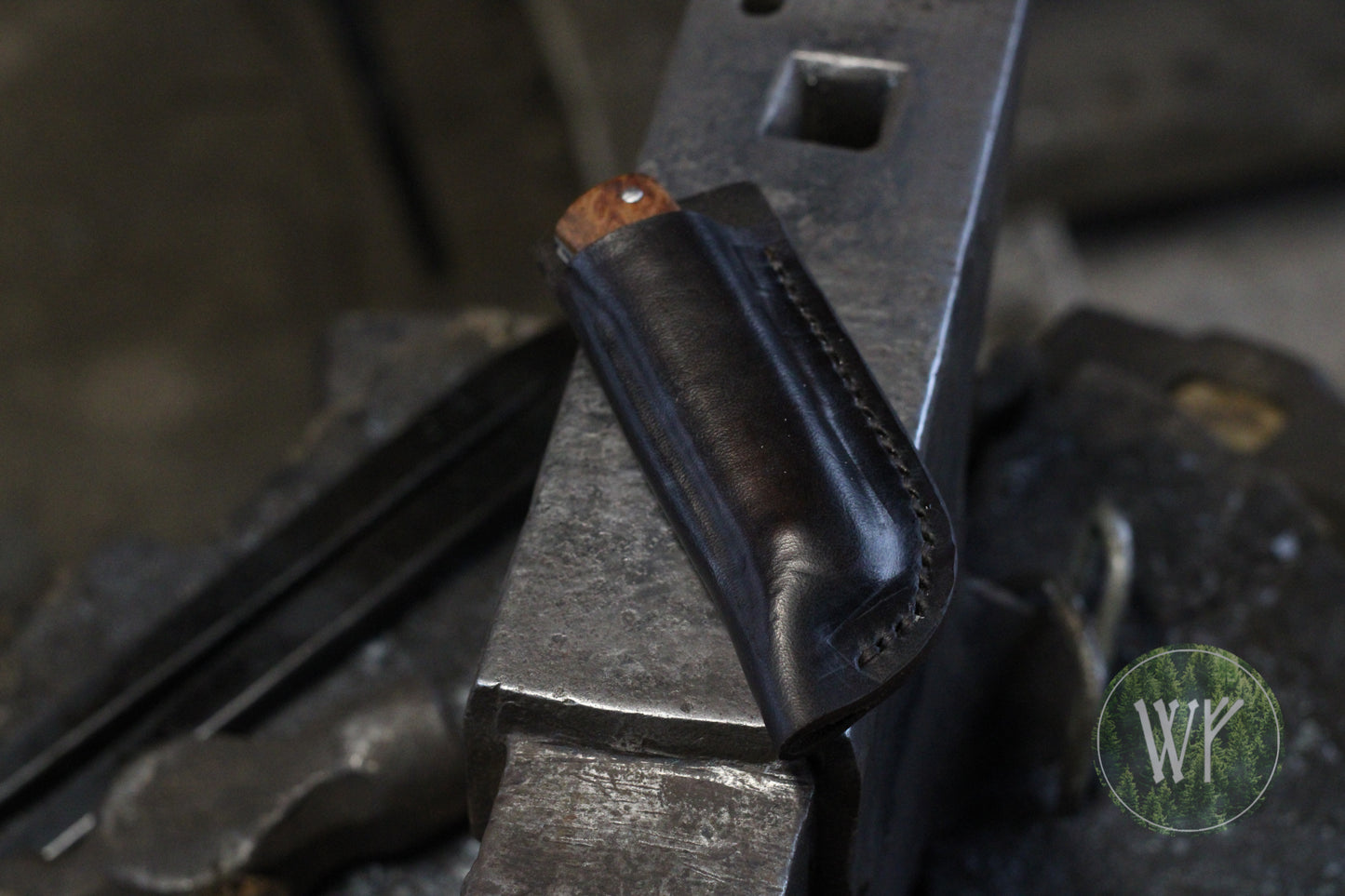 [RESERVED FOR TEWAZA1] Hand-forged slipjoint folding knife with Rib-fruited Mallee burl scales & leather sheath