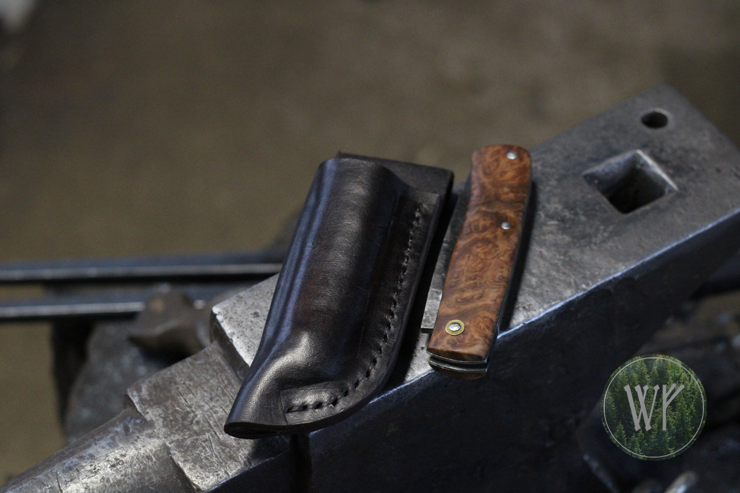 [RESERVED FOR TEWAZA1] Hand-forged slipjoint folding knife with Rib-fruited Mallee burl scales & leather sheath